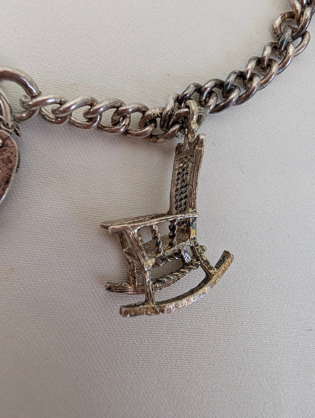 Vintage Sterling Silver Charm Bracelet Heart Padlock Clasp, 5 Silver Charms Elephant Rocking Chair Abacus Spinning Wheel Clogs, 925 Curb Link