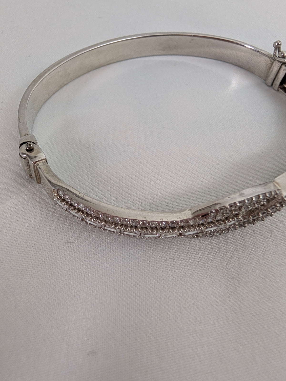 Vintage 925 Sterling Silver Bangle Bracelet, Sparkling Pave CZ Crossover Hinged Bangle, Bridal Evening Cuff,