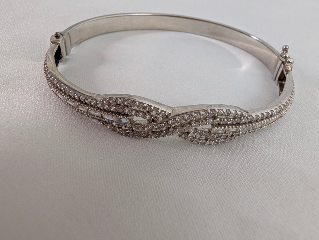 Vintage 925 Sterling Silver Bangle Bracelet, Sparkling Pave CZ Crossover Hinged Bangle, Bridal Evening Cuff,
