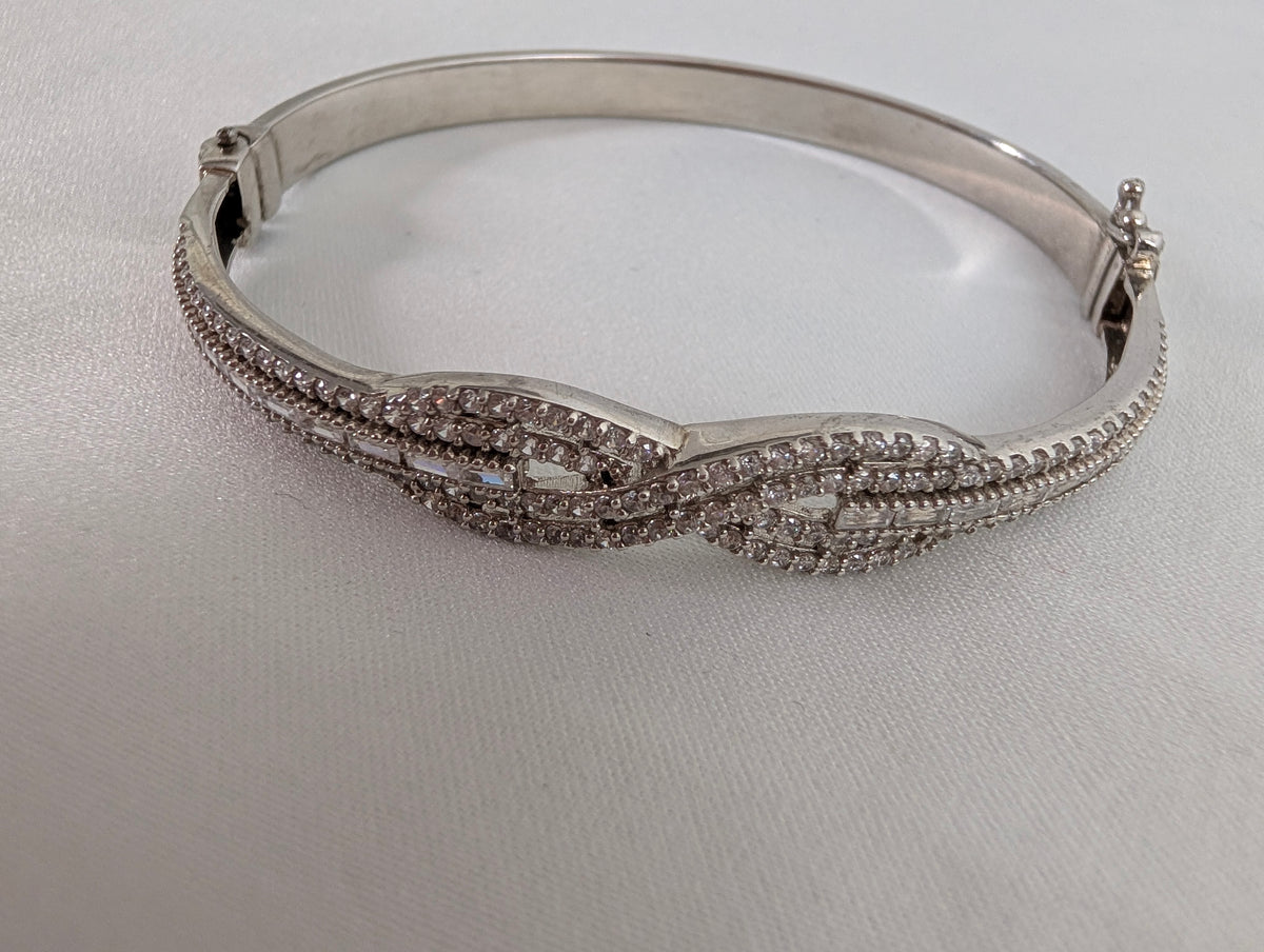 Vintage 925 Sterling Silver Bangle Bracelet, Sparkling Pave CZ Crossover Hinged Bangle, Bridal Evening Cuff,