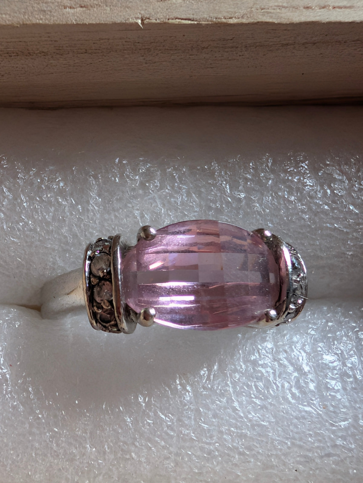 Vintage Pink Topaz Cocktail Ring Sterling Silver 925, Chunky East West Ring Size P 7.5, Y2K Checkerboard Faceted Pastel Solitaire Ring