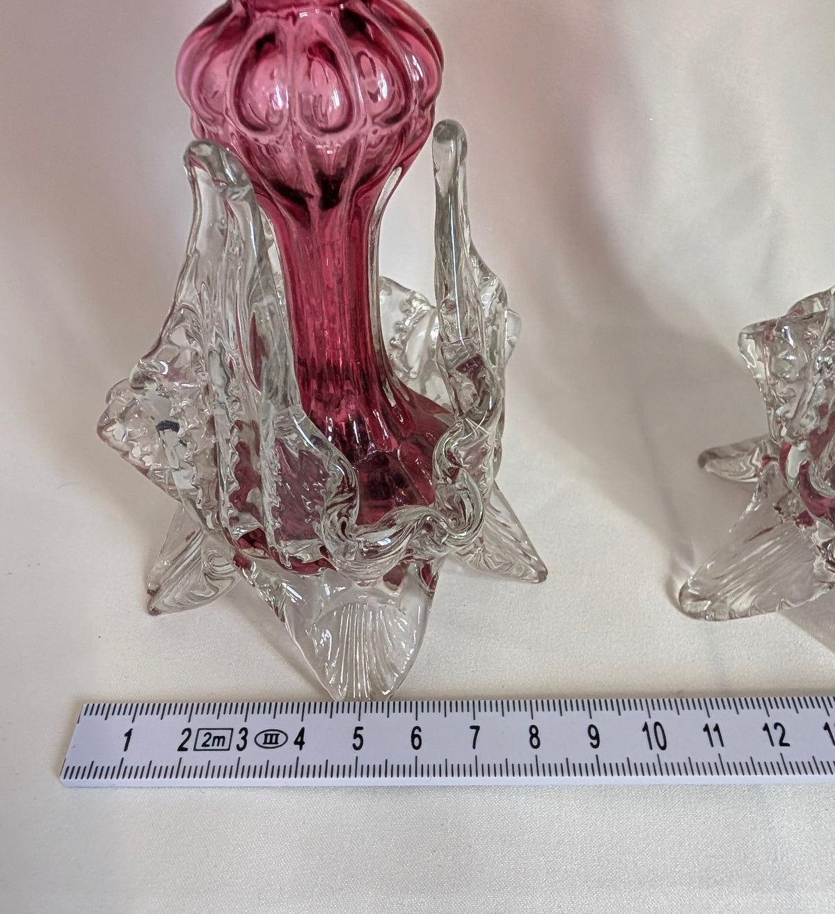 Pair of Antique Victorian Cranberry Glass Vases, c1900 Edwardian Hand Blown Art Glass Bud Vases, Clear Applied Rigaree Footed Decor