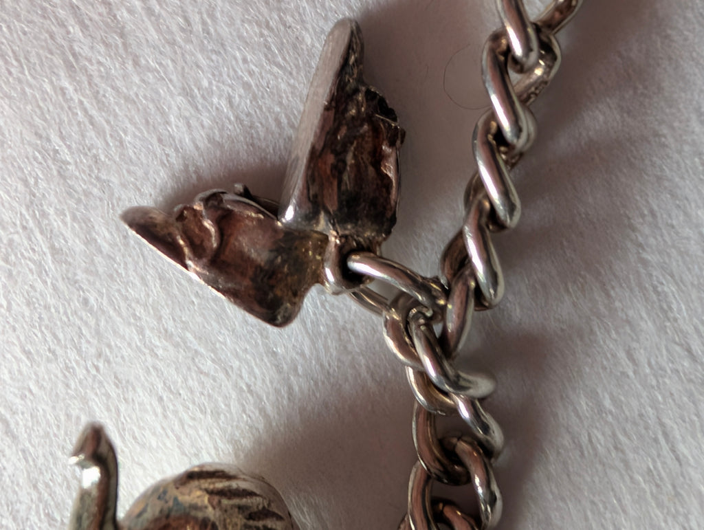 Vintage Sterling Silver Charm Bracelet Heart Padlock Clasp, 5 Silver Charms Elephant Rocking Chair Abacus Spinning Wheel Clogs, 925 Curb