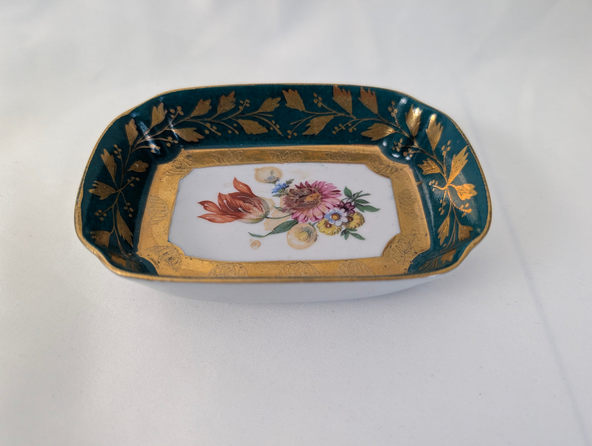 Vintage Porcelaine Royale Emerald Green Trinket Dish Floral Floral Gold Gilt Ring Dish Vanity Decor