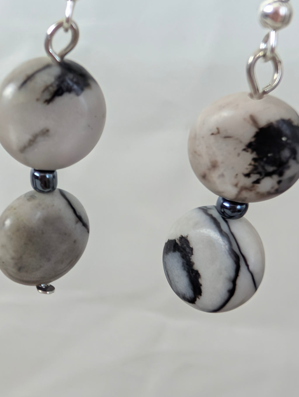 Grey Picasso Jasper Drop Earrings, Handmade Monochrome Veined Stone Dangle Earrings, Minimalist Coin Bead Boho Jewellery, Gift for Her