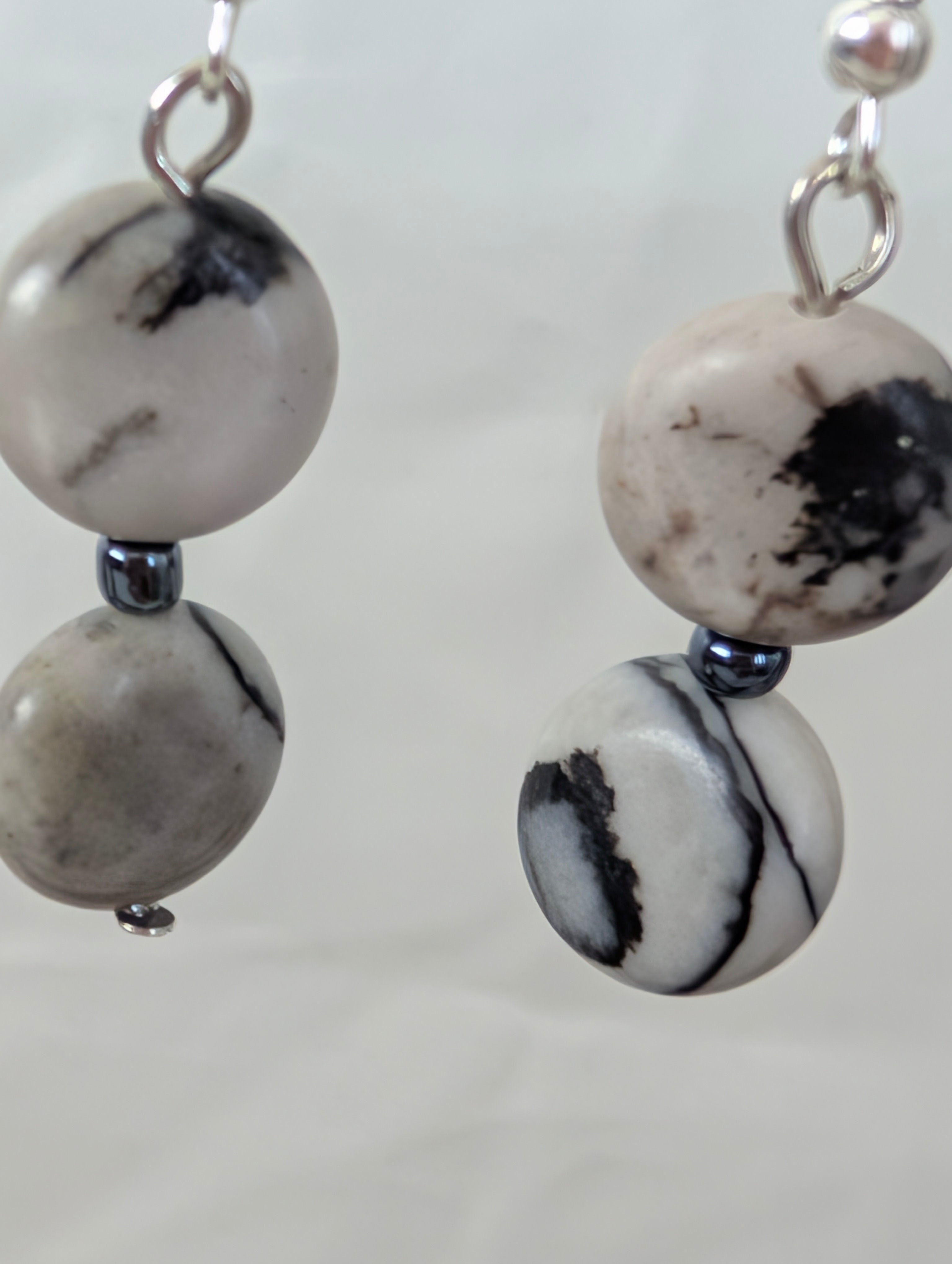 Grey Picasso Jasper Drop Earrings, Handmade Monochrome Veined Stone Dangle Earrings, Minimalist Coin Bead Boho Jewellery, Gift for Her