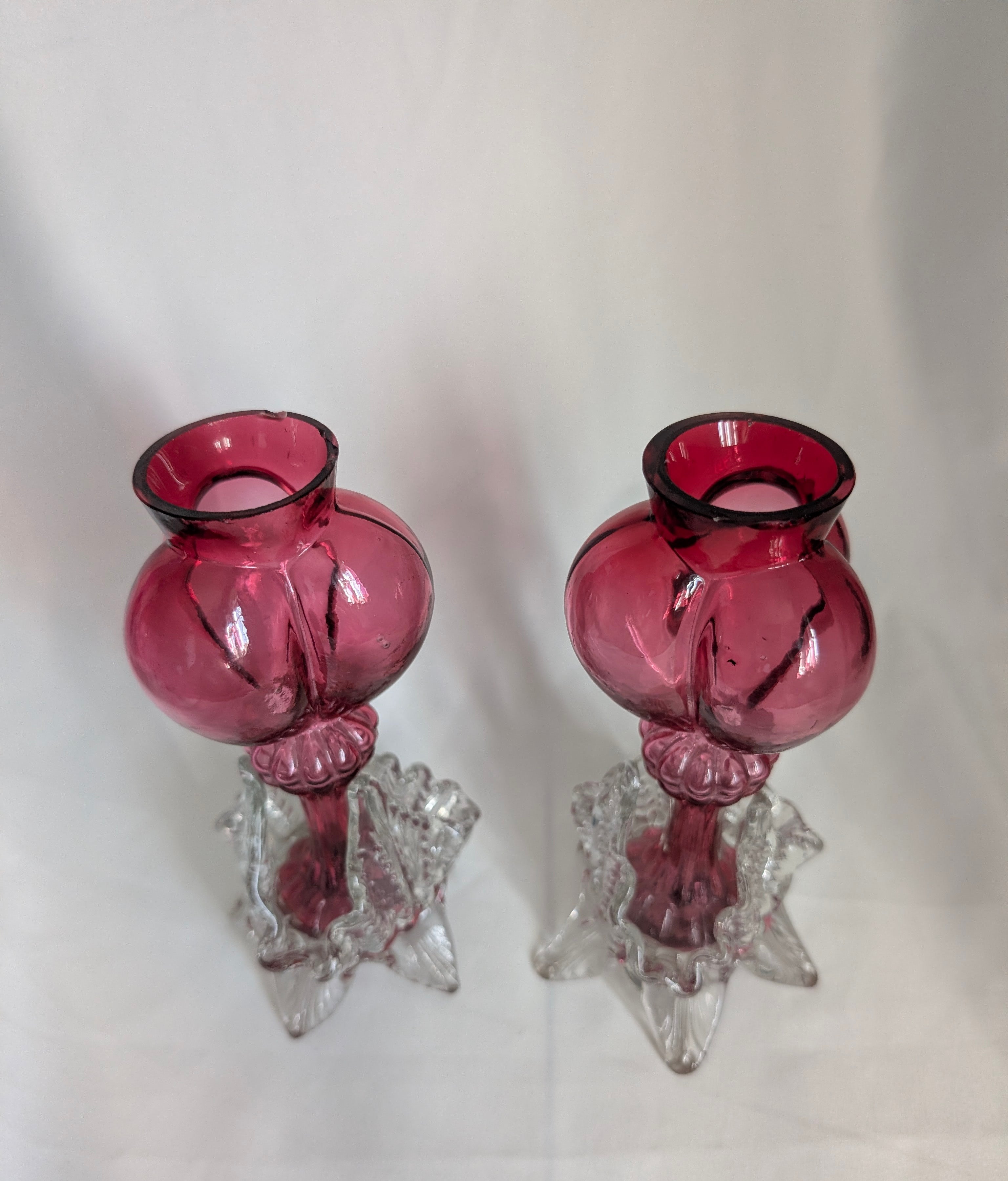 Pair of Antique Victorian Cranberry Glass Vases, c1900 Edwardian Hand Blown Art Glass Bud Vases, Clear Applied Rigaree Footed Decor
