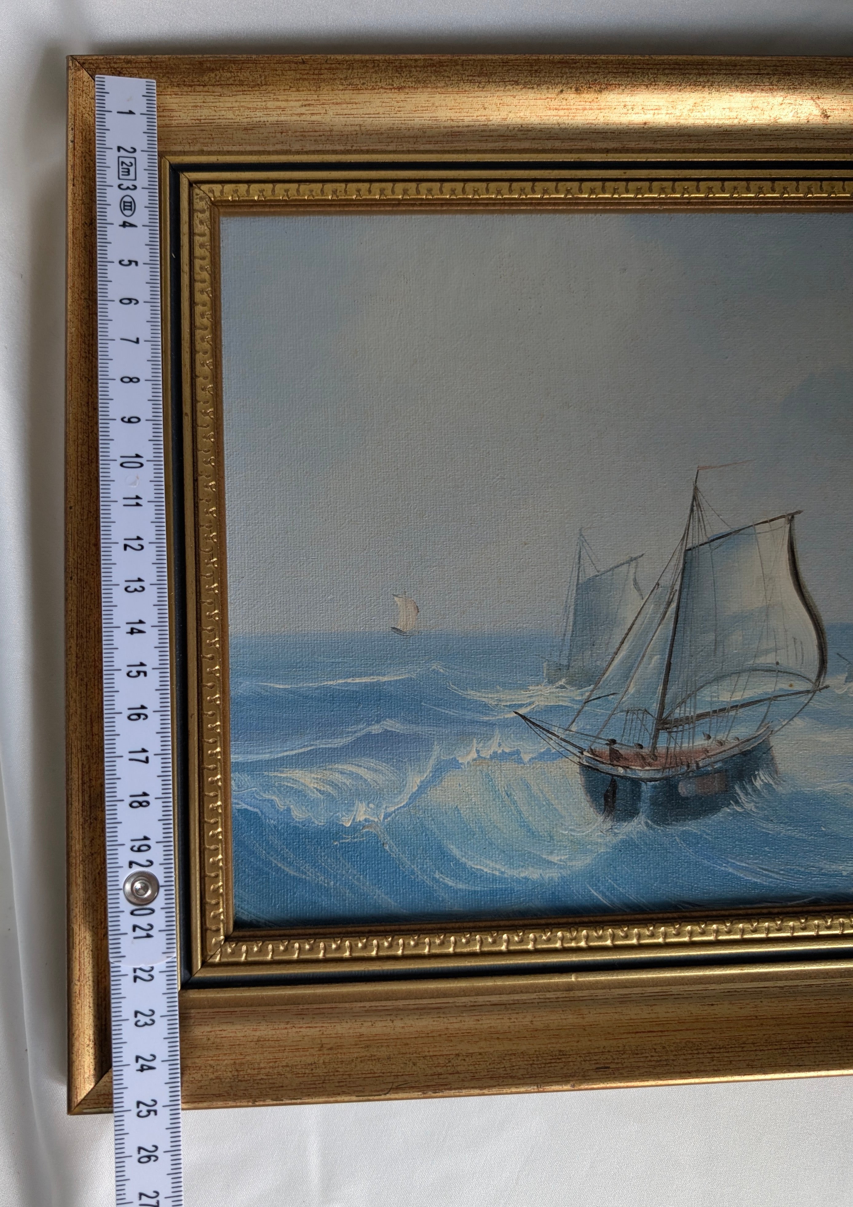Vintage Framed Maritime Seascape Oil Painting Signed Baillie | Nautical Sailing Ship Ocean Canvas Board Art | Gilded Gold Frame Coastal Wall