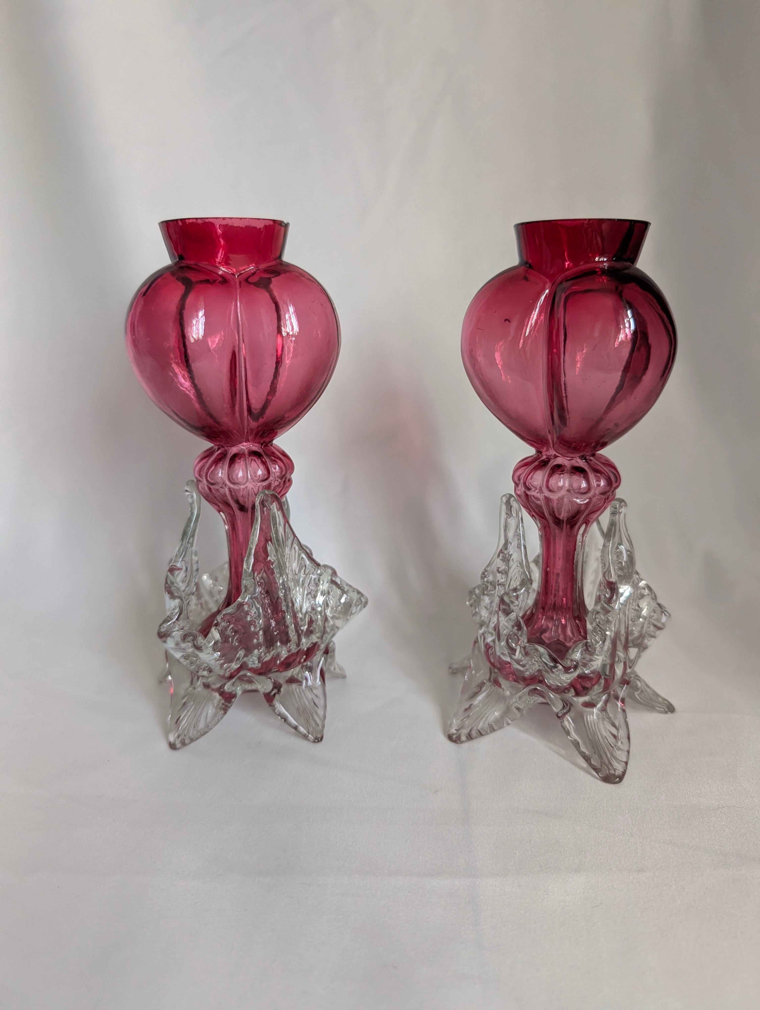 Pair of Antique Victorian Cranberry Glass Vases, c1900 Edwardian Hand Blown Art Glass Bud Vases, Clear Applied Rigaree Footed Decor
