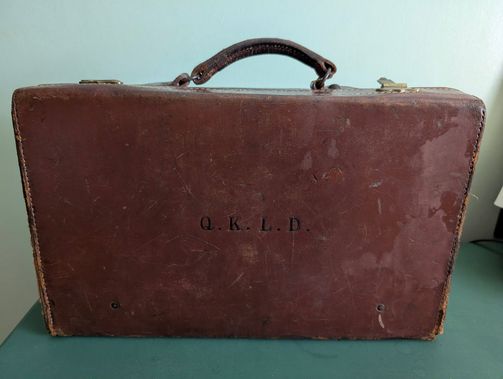 Antique Leather Suitcase 1920s Small Overnight Case, Initialled Queenie Dear Eltham London, Vintage Prop Luggage