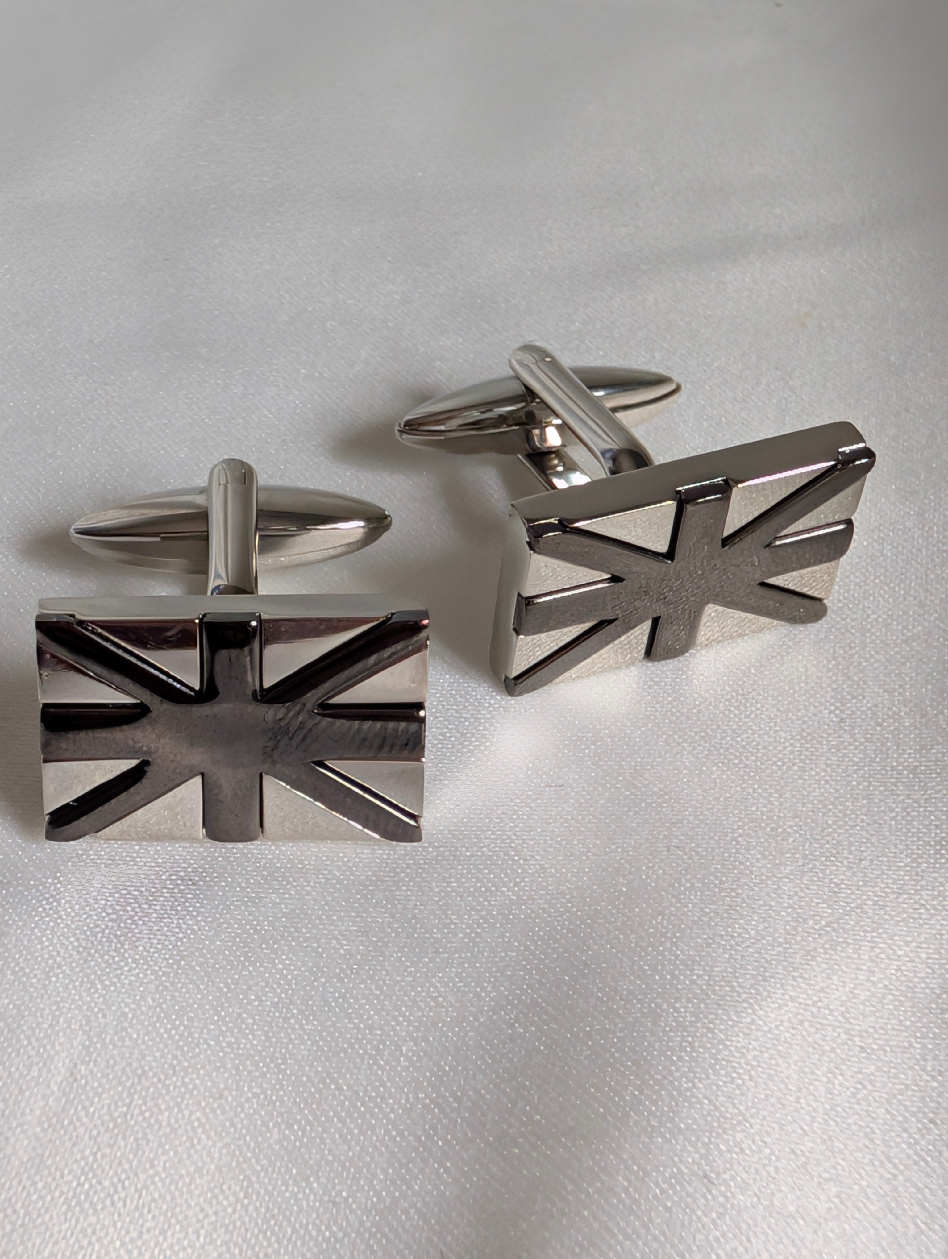 Silver Union Jack Cufflinks, British Flag Gunmetal Cuff Links, Modern Mens Formal Suit Accessories
