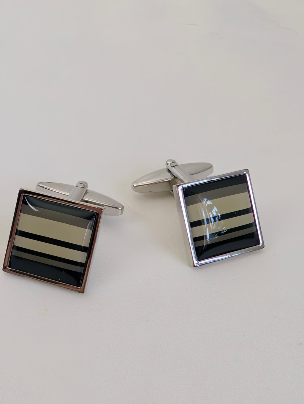 Fred Bennett Cufflinks, Silver Tone Striped Enamel Square Cufflinks, Designer Mens Suit Accessories, Groomsman Father of the Bride Gift