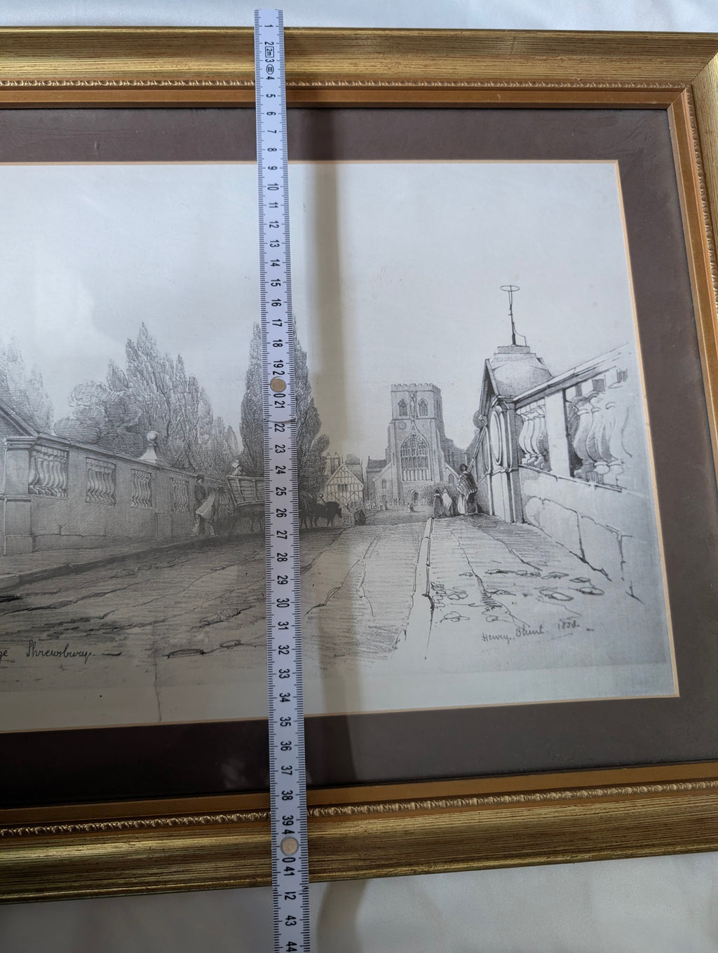 1838 Henry Blunt Architectural Lithograph 'The English Bridge, Shrewsbury' – Framed Early Victorian Townscape in Gilt Wood Frame