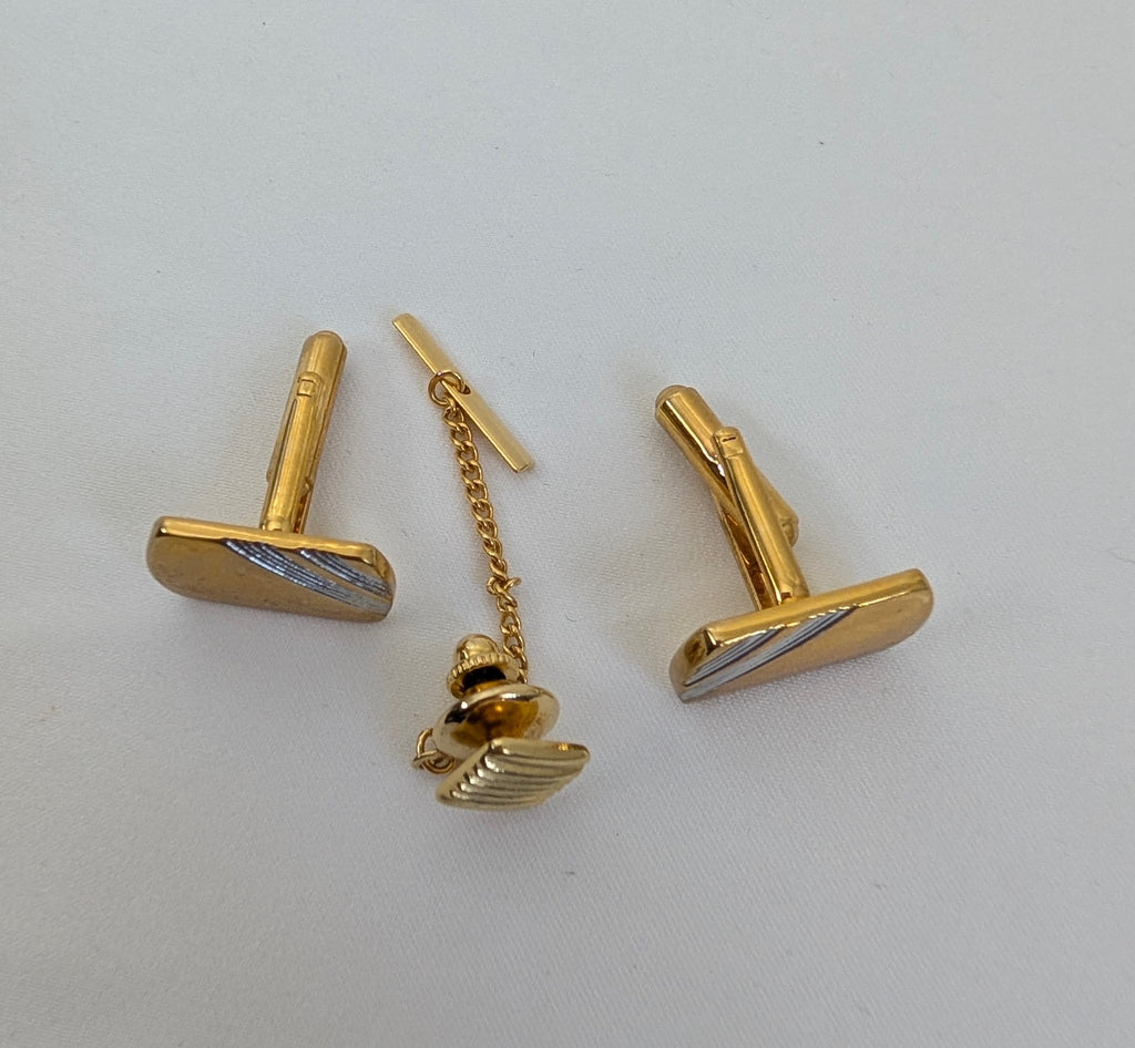 Vintage Two-Tone Gold & Silver Diagonal Stripe Cufflinks and Tie Tac Set – Classic Mid-Century Menswear Set in Gift Box