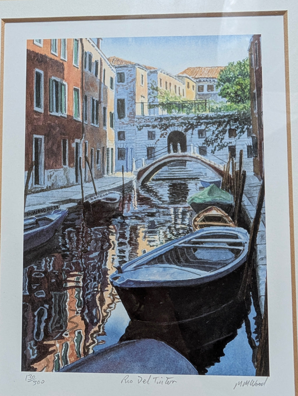 Michael MacDonagh Wood Signed Limited Edition Print 'Rio Del Tintor' – Framed Venetian Canal Watercolour in Moulded Gilt Frame