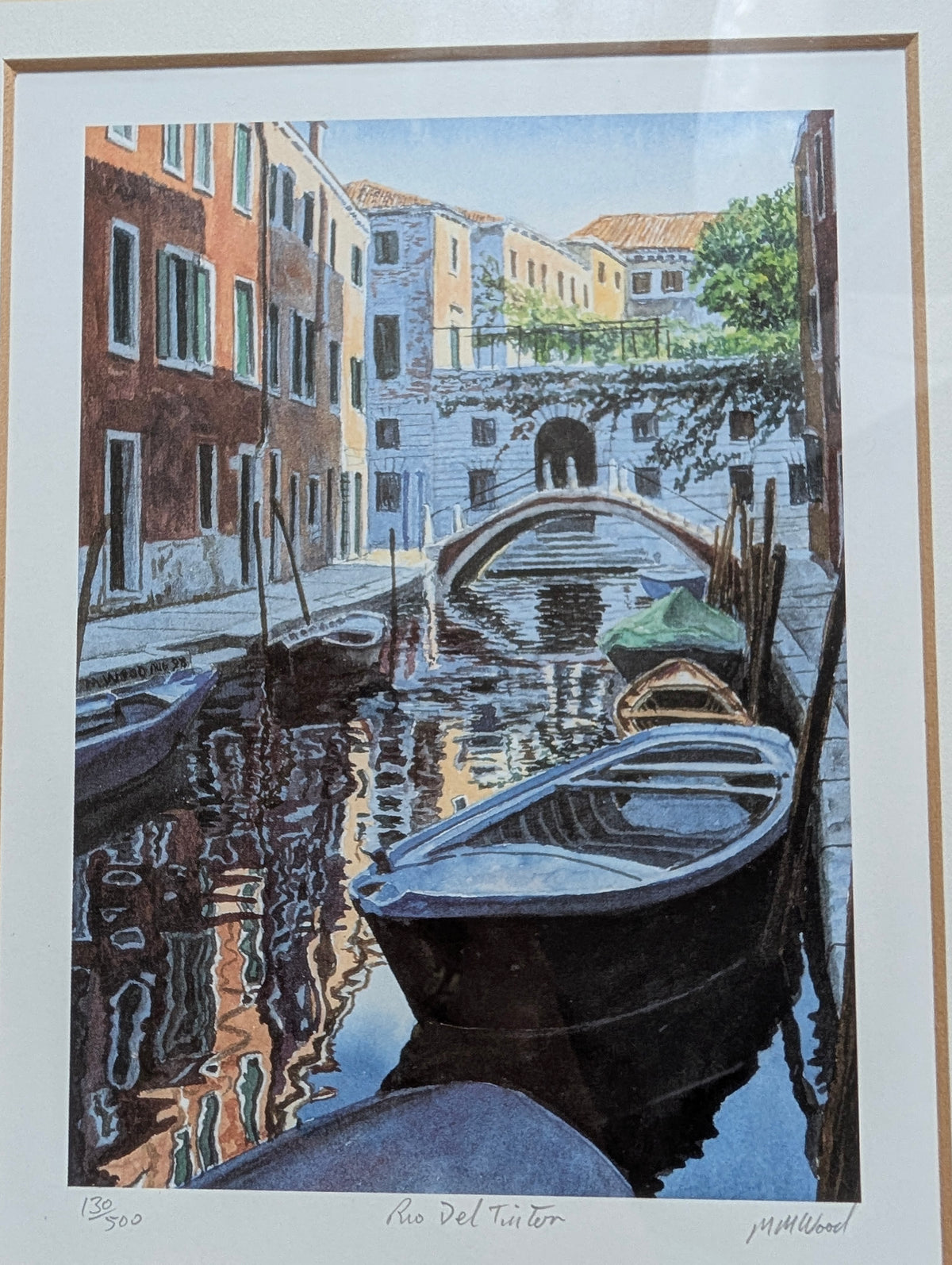 Michael MacDonagh Wood Signed Limited Edition Print 'Rio Del Tintor' – Framed Venetian Canal Watercolour in Moulded Gilt Frame
