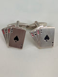 Vintage Playing Card Cufflinks, Four Aces Poker Cuff Links, Silver Tone Enamel Lucky Hand Vegas Casino Jewellery, Gambler Gift for Him Groom