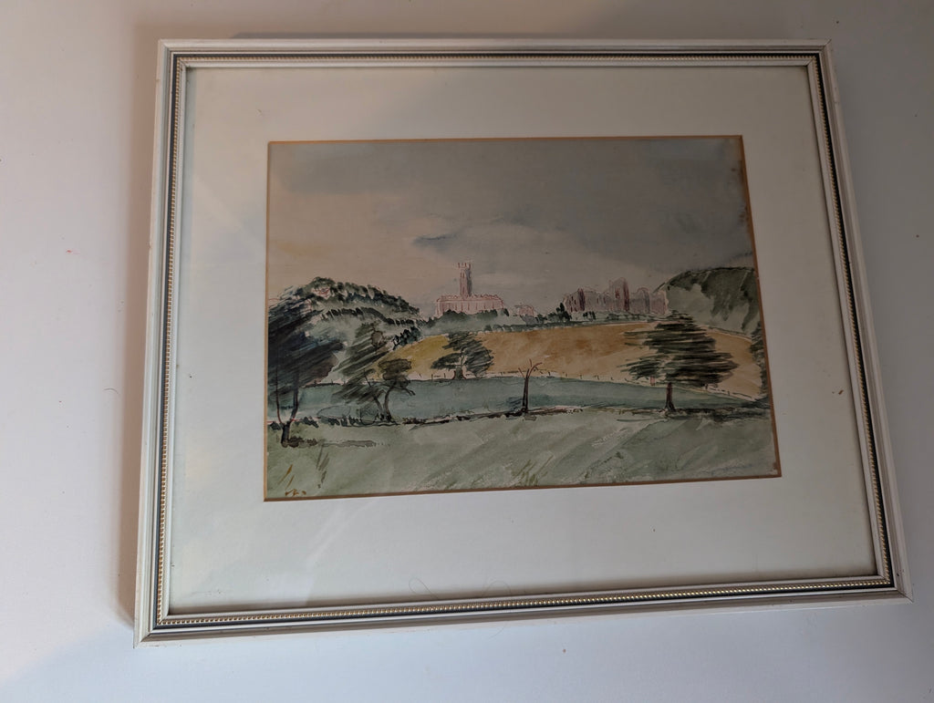 Vintage Original Landscape Watercolour Painting, Framed English Countryside Abbey Ruins Wall Art, 36cm x 30cm