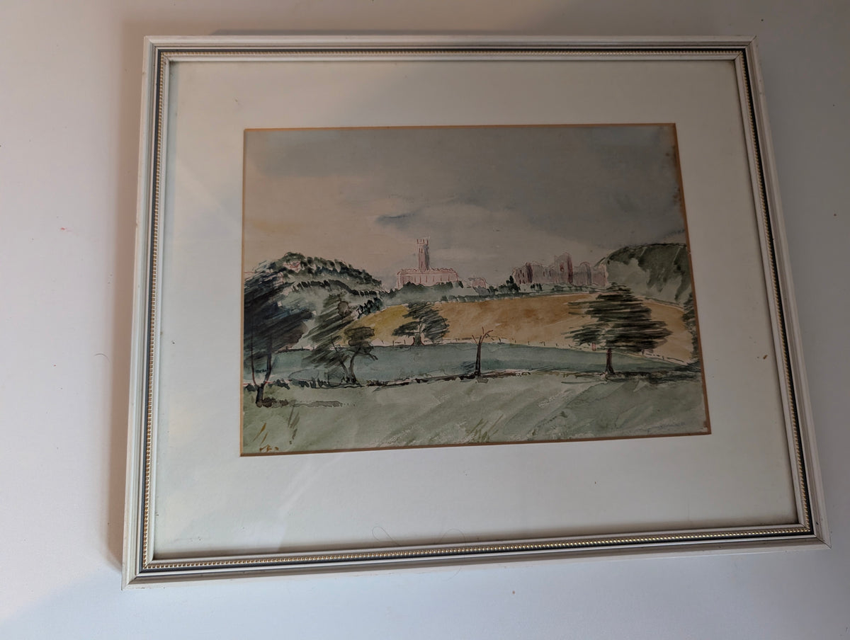 Vintage Original Landscape Watercolour Painting, Framed English Countryside Abbey Ruins Wall Art, 36cm x 30cm