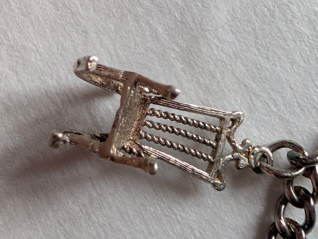 Vintage Sterling Silver Charm Bracelet Heart Padlock Clasp, 5 Silver Charms Elephant Rocking Chair Abacus Spinning Wheel Clogs, 925 Curb