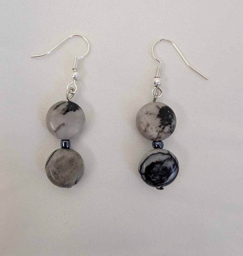 Grey Picasso Jasper Drop Earrings, Handmade Monochrome Veined Stone Dangle Earrings, Minimalist Coin Bead Boho Jewellery, Gift for Her