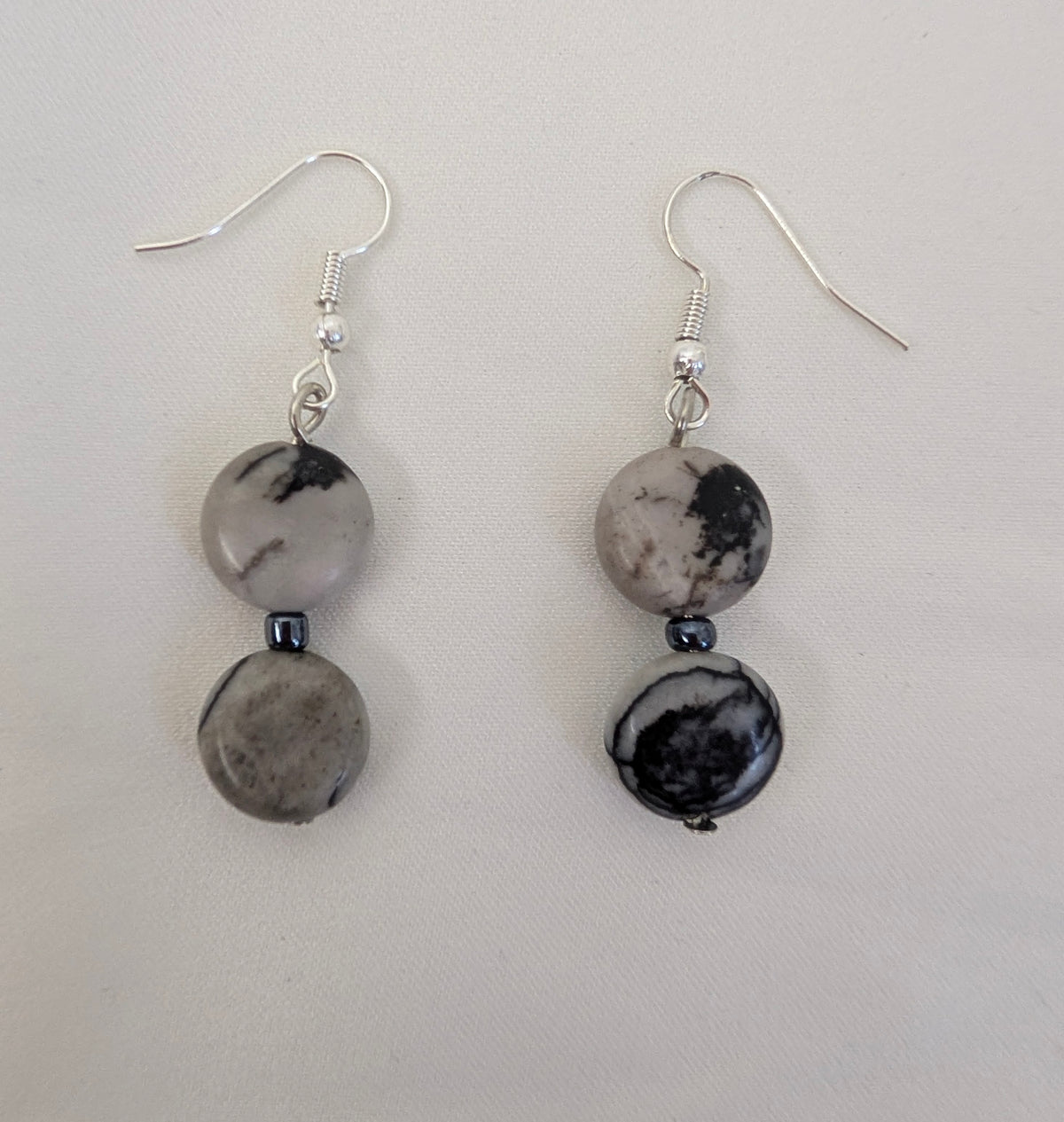 Grey Picasso Jasper Drop Earrings, Handmade Monochrome Veined Stone Dangle Earrings, Minimalist Coin Bead Boho Jewellery, Gift for Her