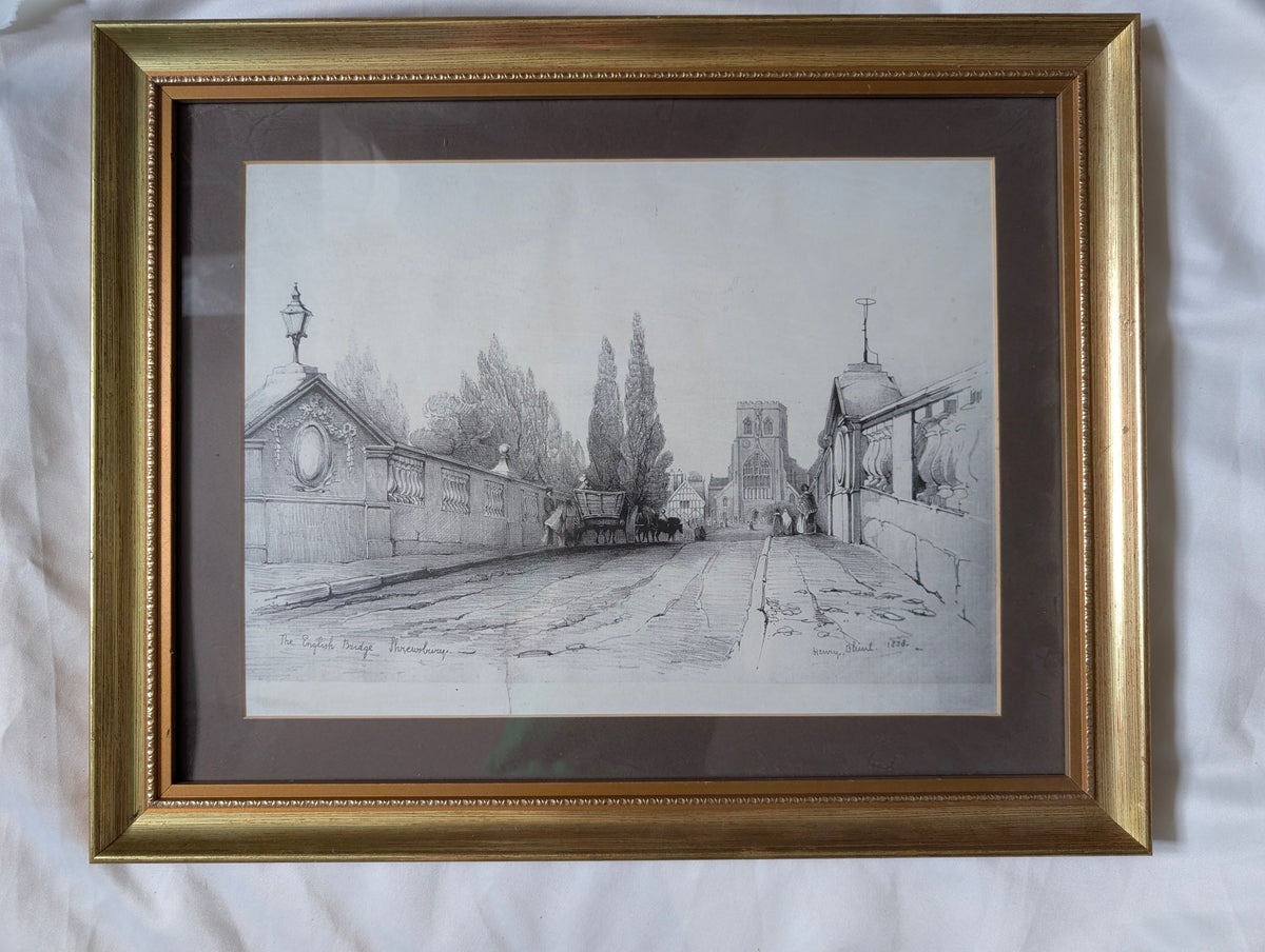 1838 Henry Blunt Architectural Lithograph 'The English Bridge, Shrewsbury' – Framed Early Victorian Townscape in Gilt Wood Frame