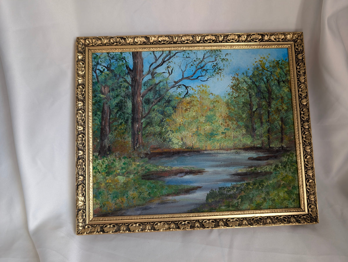 Vintage Framed Woodland River Landscape Oil Painting, Ornate Gilt Gilded Frame, Original Impasto Forest Wall Art, Cottagecore Decor 1970s