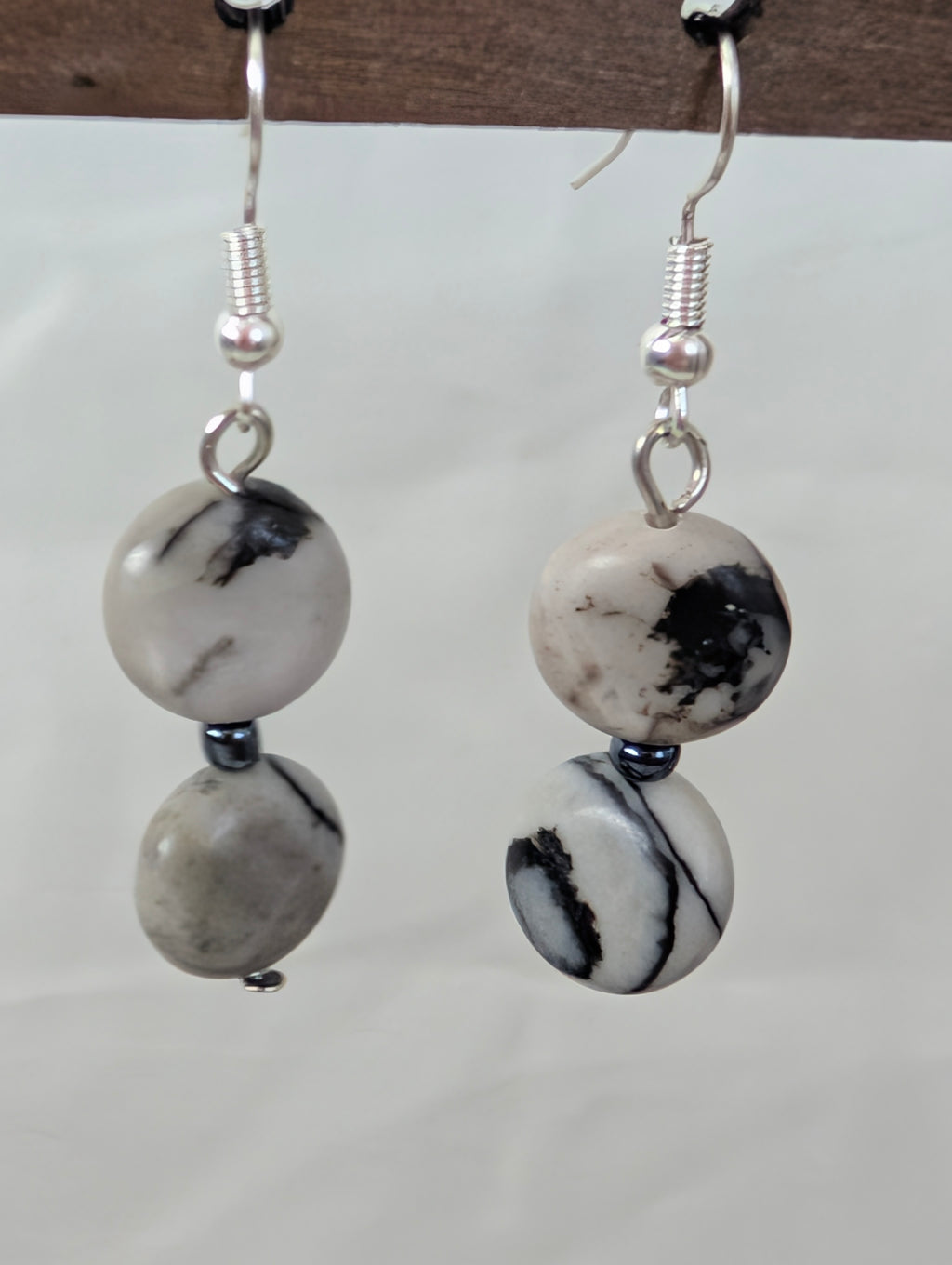 Grey Picasso Jasper Drop Earrings, Handmade Monochrome Veined Stone Dangle Earrings, Minimalist Coin Bead Boho Jewellery, Gift for Her