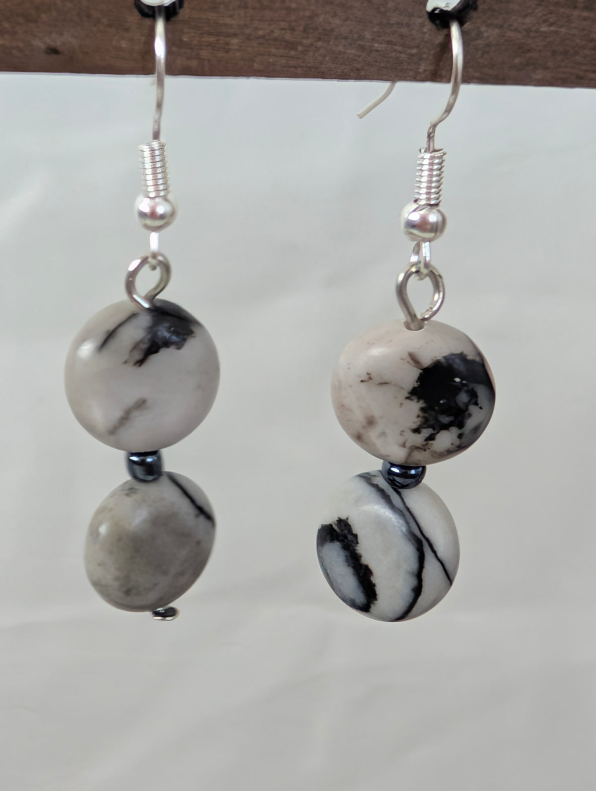 Grey Picasso Jasper Drop Earrings, Handmade Monochrome Veined Stone Dangle Earrings, Minimalist Coin Bead Boho Jewellery, Gift for Her