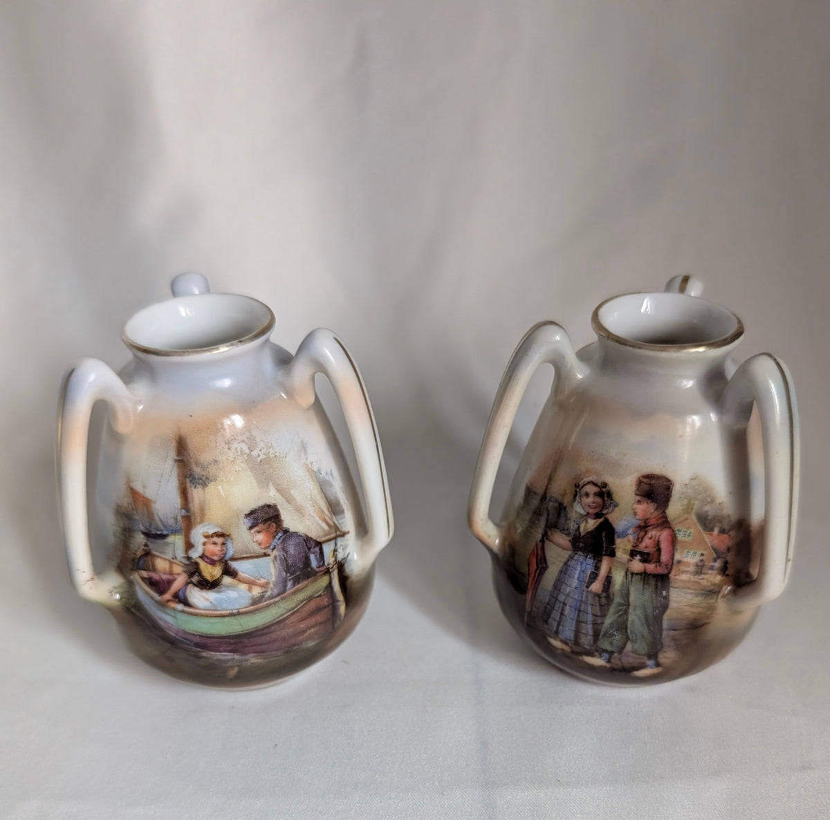 Antique Royal Bayreuth Bavaria Dutch Children Vases Pair Hand Painted Scene