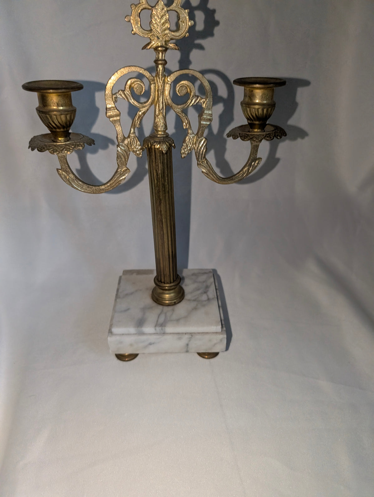 Vintage Brass Candelabra White Marble Base 2 Arm Candle Holder, French Neoclassical Ormolu Style Baroque Decor, Ornate Hollywood Regency Table Centerpiece