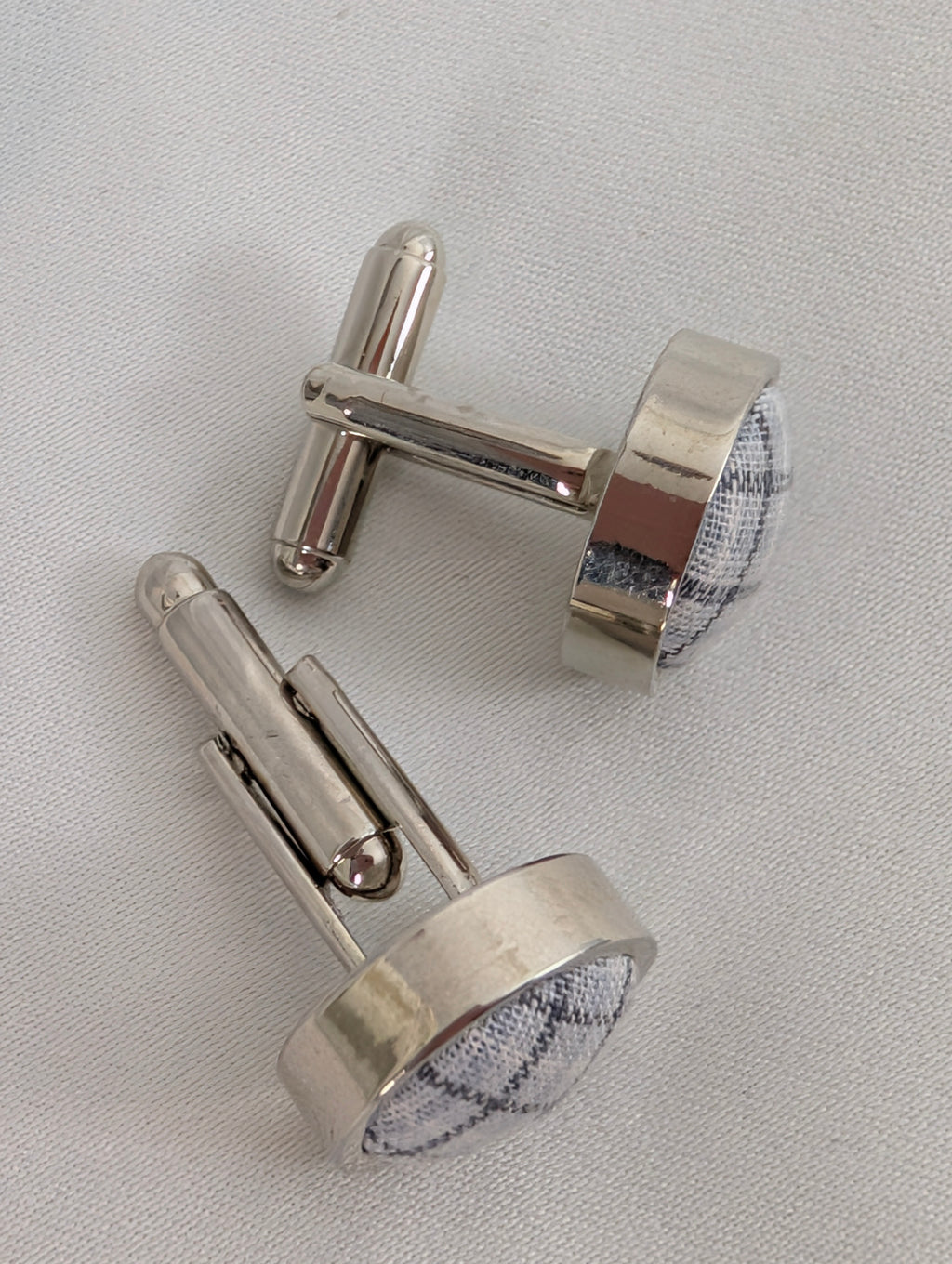 Grey Tartan Fabric Cufflinks, Round Silver Plated Check Suit Cuff Links, Scottish Plaid Wedding Groom Accessories, Classic Menswear Gift