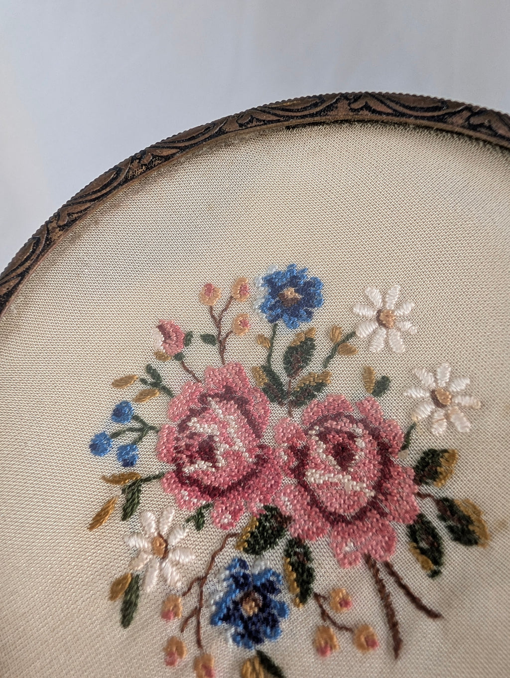 Vintage Embroidered Petit Point Dressing Table Tray, Gilt Ormolu Footed Vanity Trinket Dish, Glass Floral Coaster
