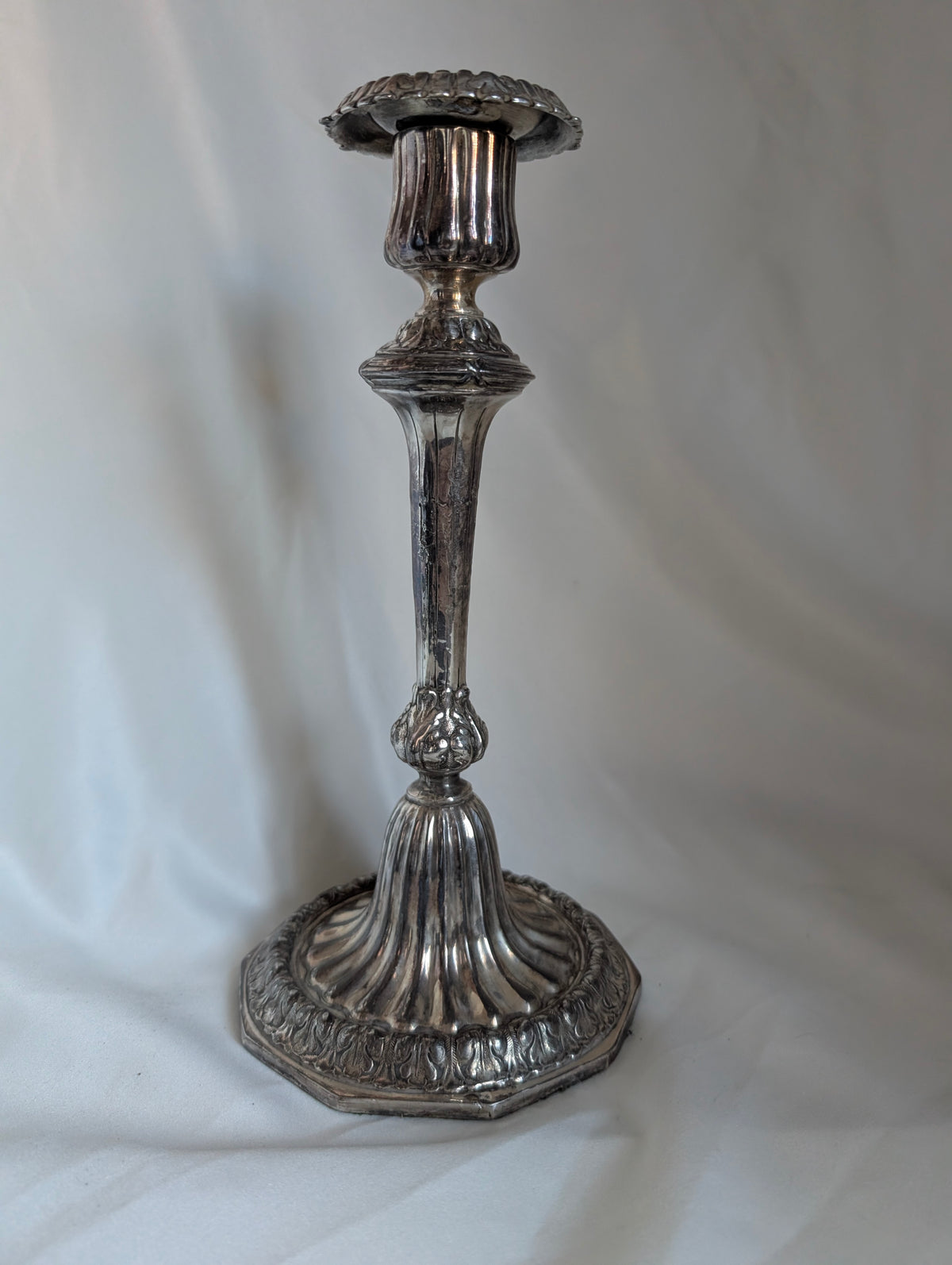 Vintage Silver Plated Candlestick Tall Fluted Candle Holder Ornate Octagonal Base Traditional Table Decor