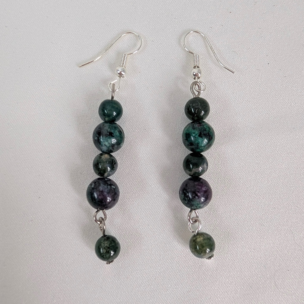 Ruby Zoisite Beaded Drop Earrings, Natural Green & Purple Gemstone Dangle Earrings, Handmade Long Bohemian Jewellery, Earthy Statement Gift