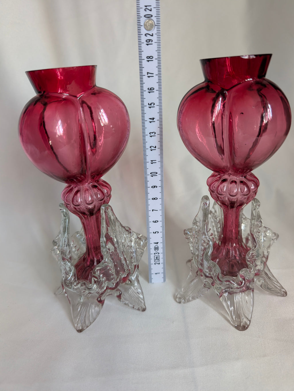 Pair of Antique Victorian Cranberry Glass Vases, c1900 Edwardian Hand Blown Art Glass Bud Vases, Clear Applied Rigaree Footed Decor