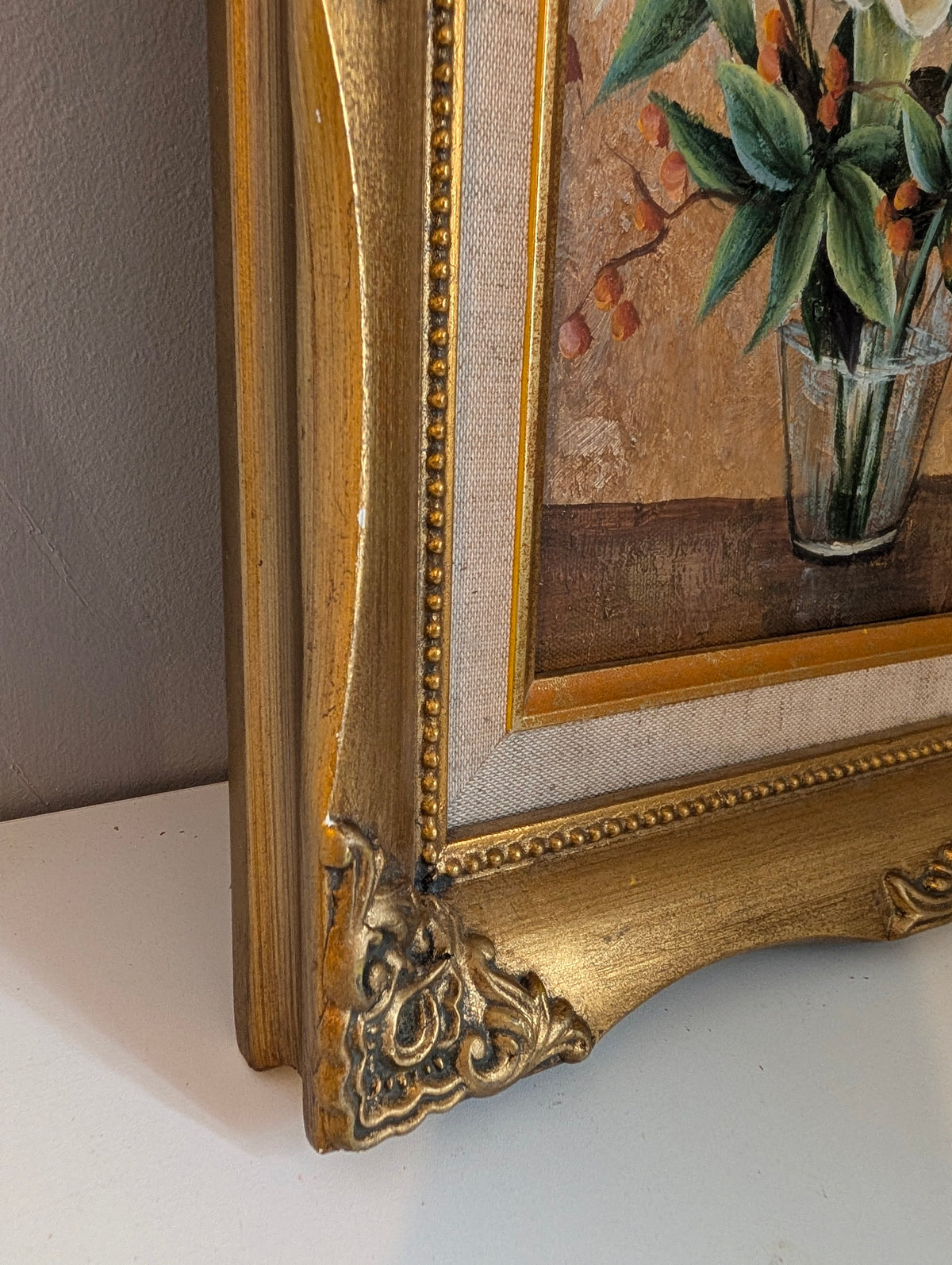 Vintage Floral Oil Painting in Ornate Gilt Frame, White Calla Lily Still Life Canvas, Signed W Mirkin Rococo Gold Frame Botanical Wall Art