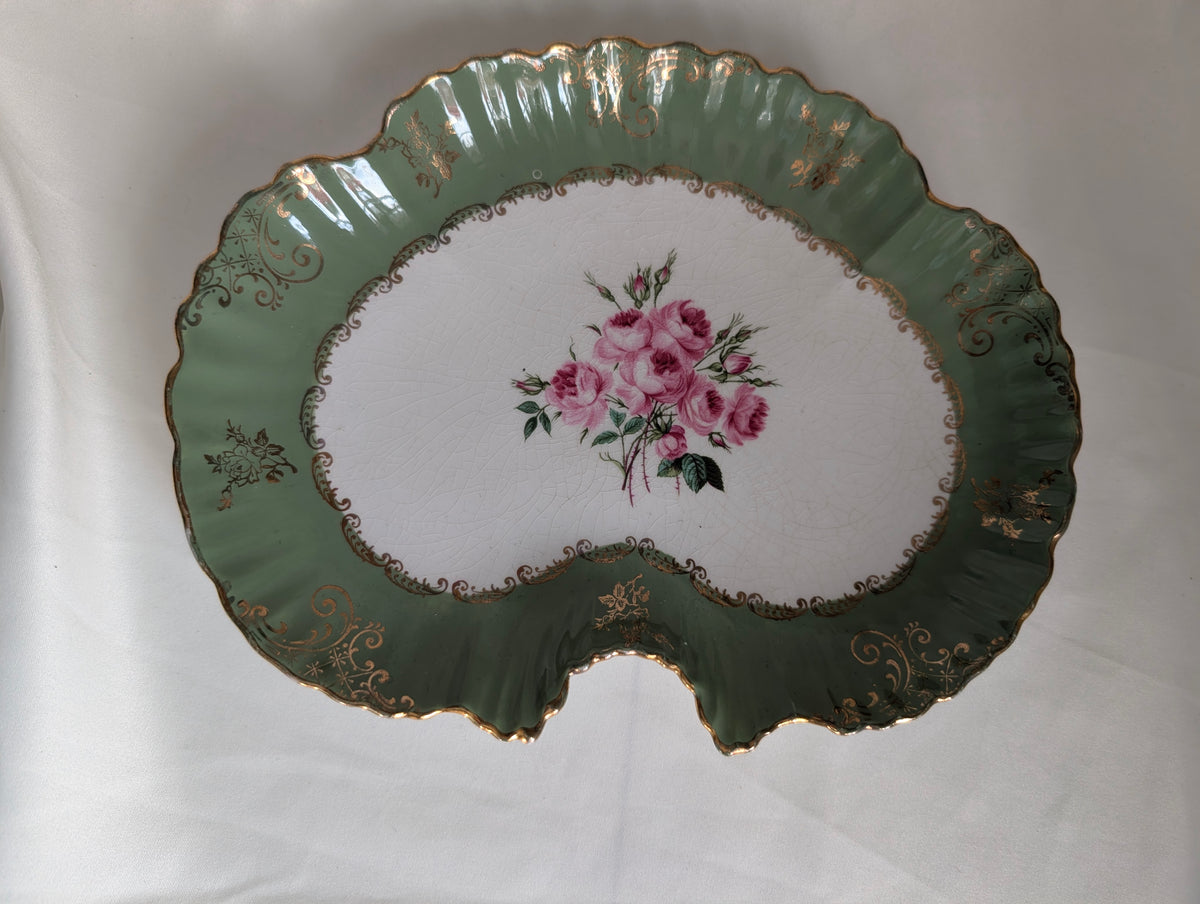 Vintage Old Foley James Kent Bone Dish, Kidney Shaped Sage Green Floral Tray, Pink Rose Gold Gilt Staffordshire Porcelain, Vanity Trinket