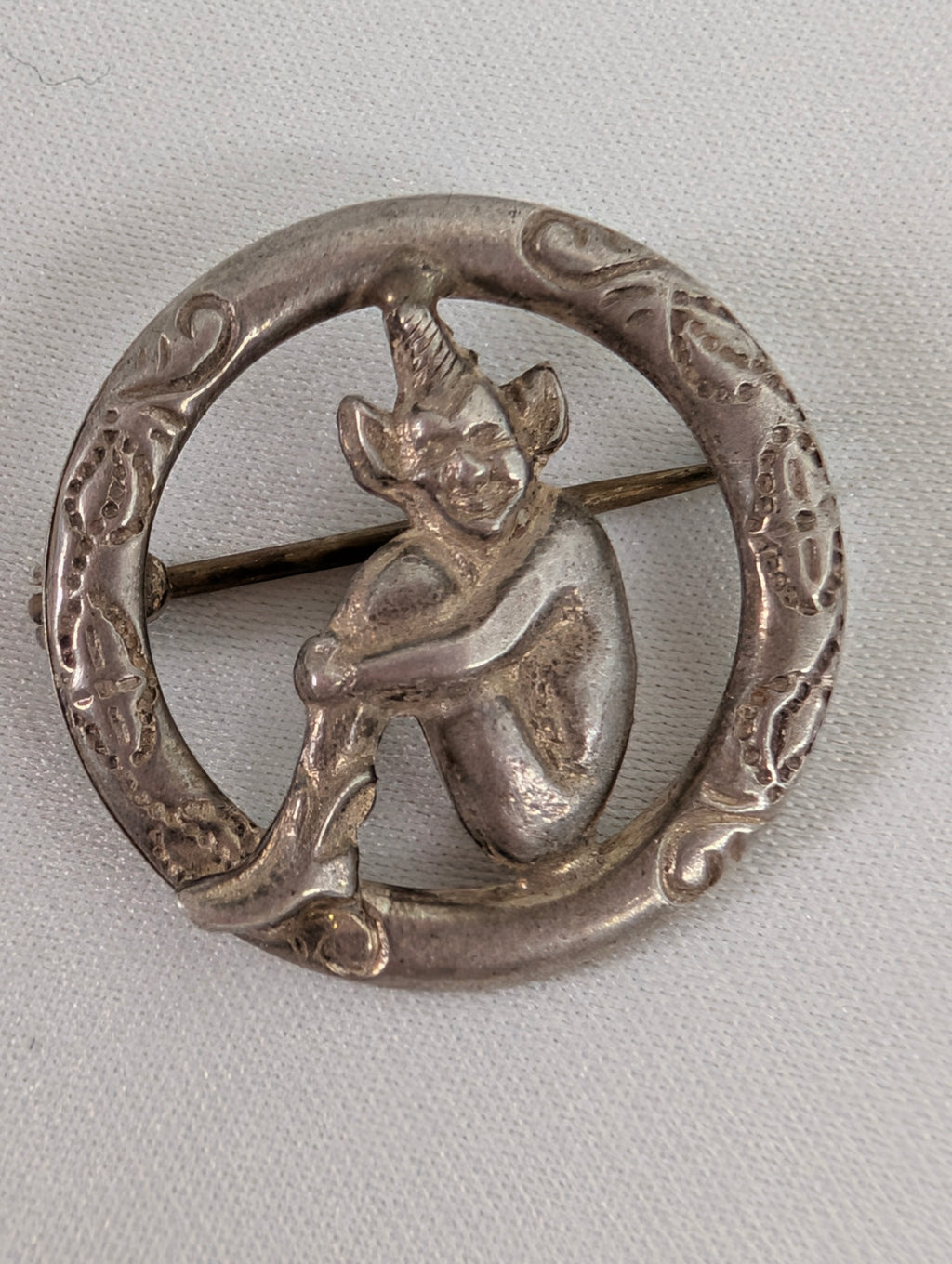 Vintage Lincoln Imp Brooch Silver, Antique Mythical Pixie Gargoyle Pin, Celtic Ring Folklore Lucky Talisman