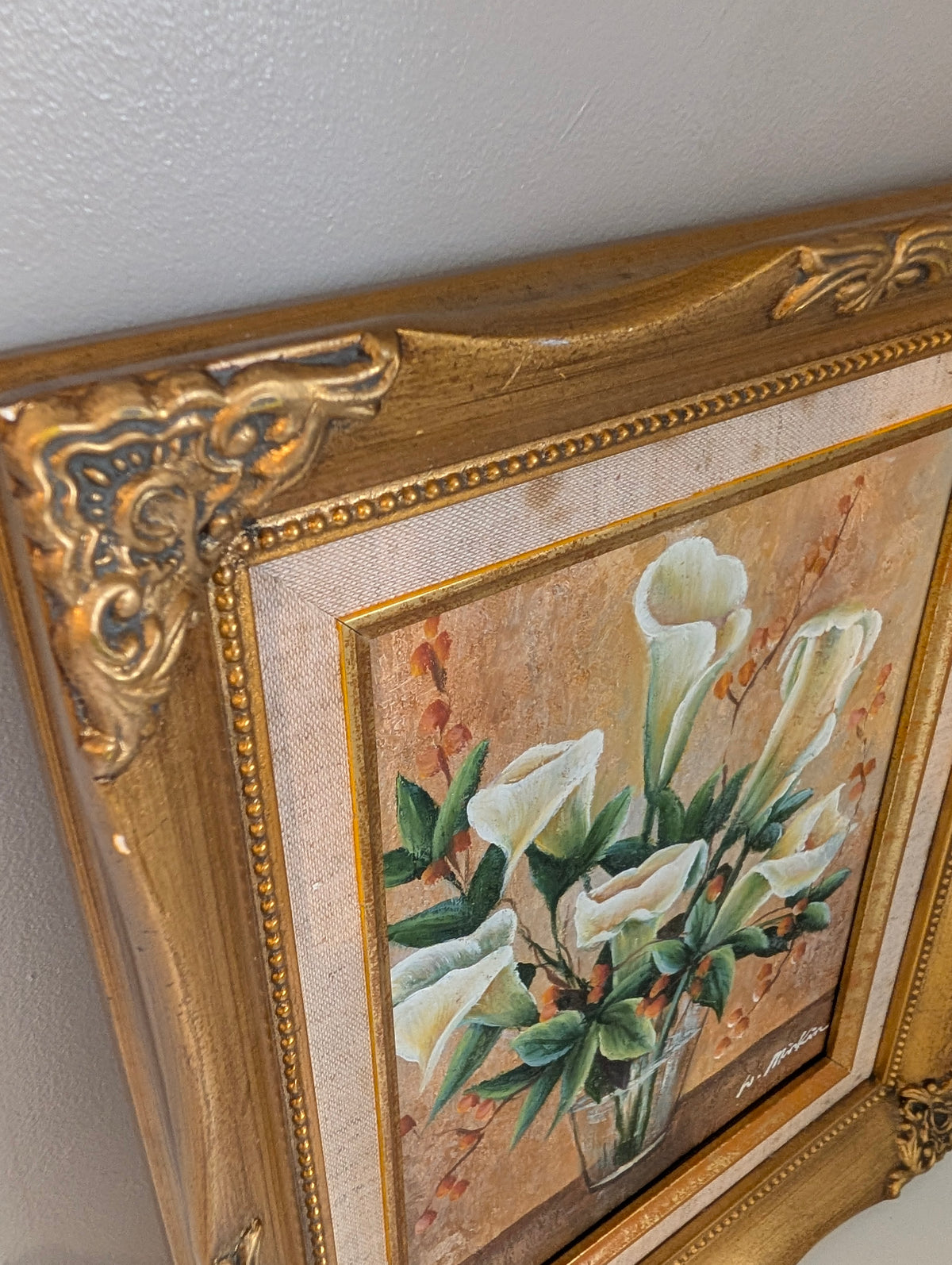 Vintage Floral Oil Painting in Ornate Gilt Frame, White Calla Lily Still Life Canvas, Signed W Mirkin Rococo Gold Frame Botanical Wall Art