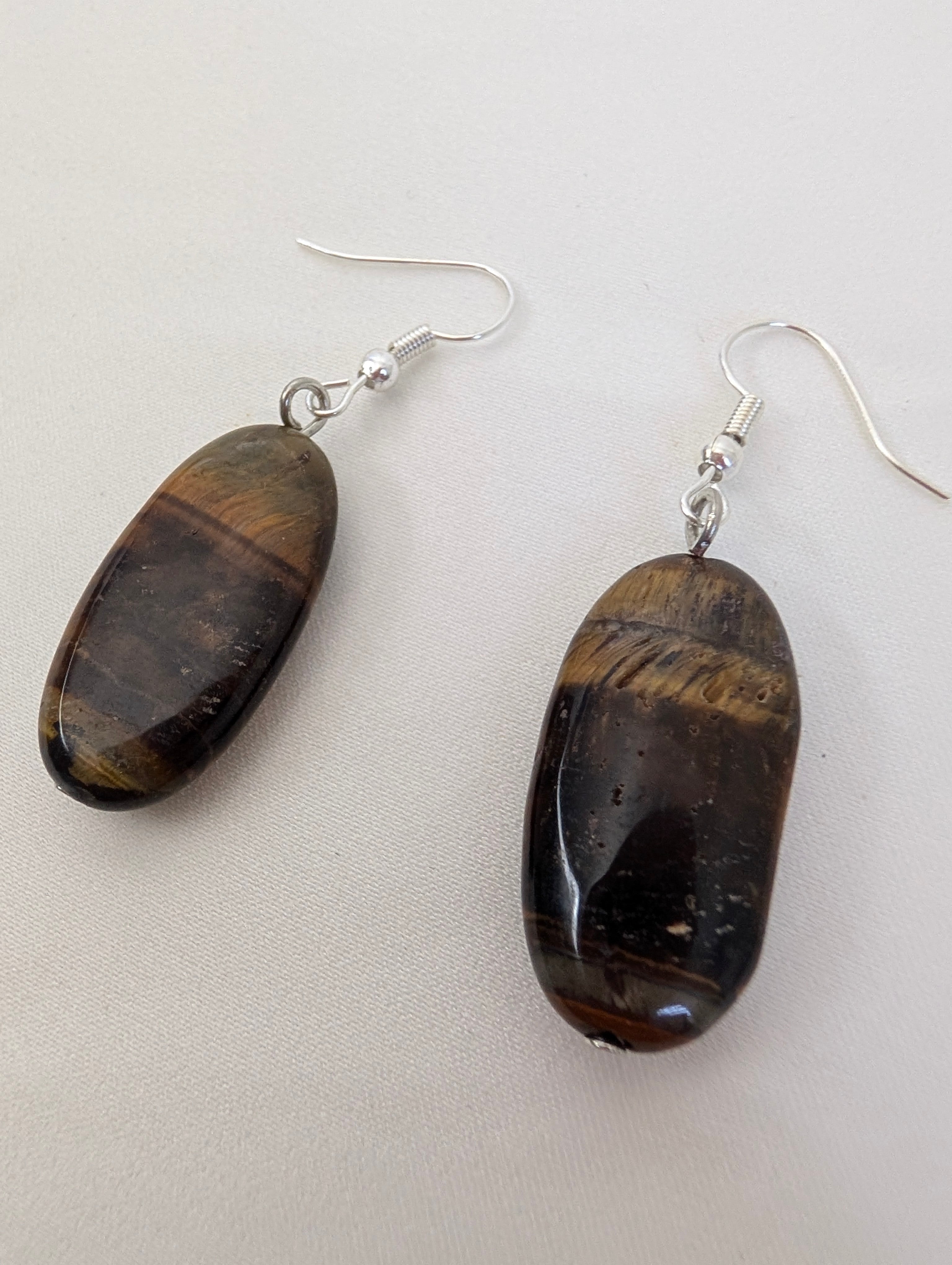 Tiger Eye Earrings, Natural Brown Oval Stone Drop Earrings, Handcrafted Boho Dangle Jewellery, Earthy Gemstone Gift for Her