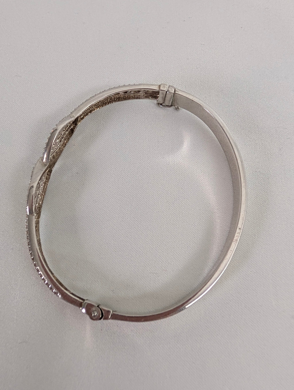 Vintage 925 Sterling Silver Bangle Bracelet, Sparkling Pave CZ Crossover Hinged Bangle, Bridal Evening Cuff,