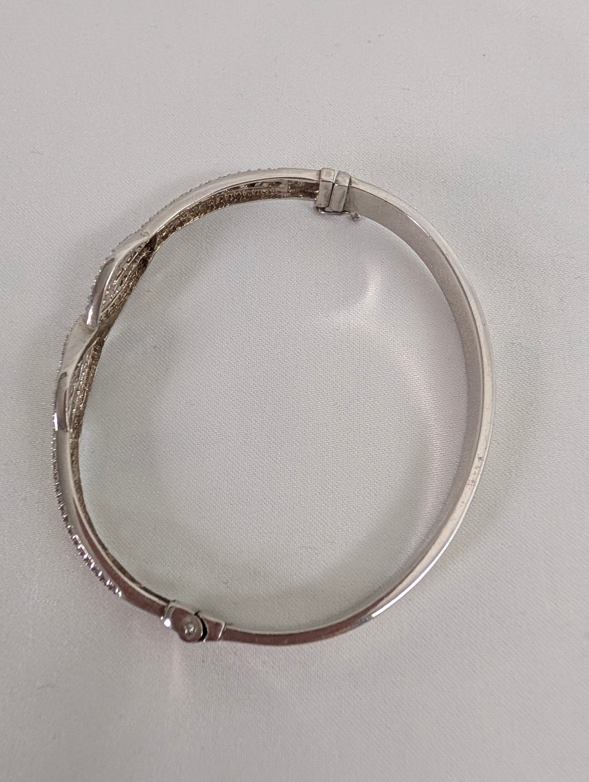 Vintage 925 Sterling Silver Bangle Bracelet, Sparkling Pave CZ Crossover Hinged Bangle, Bridal Evening Cuff,