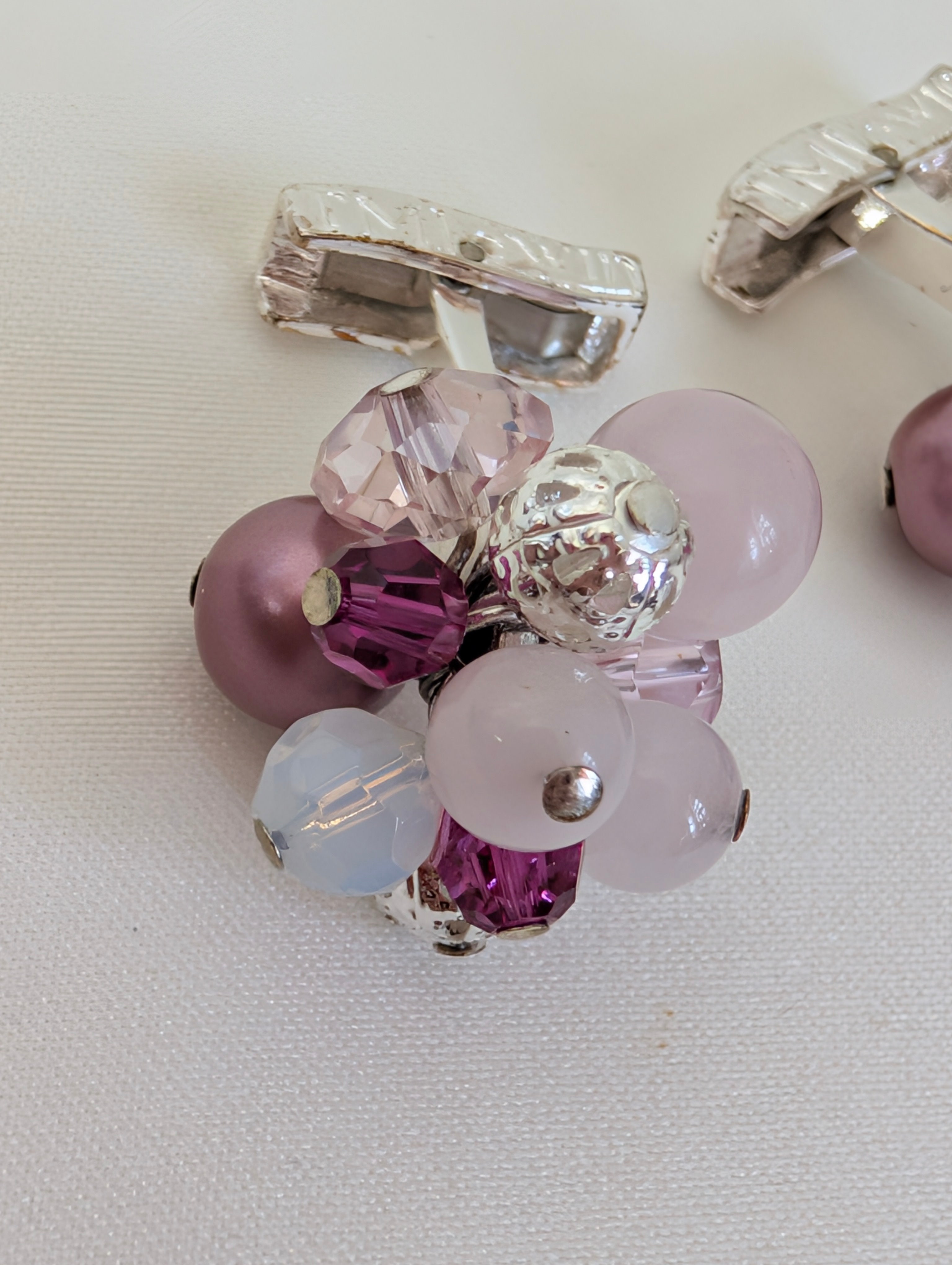 Vintage TM Lewin Beaded Cluster Cufflinks, Pink & Purple Crystal Glass Pearl Cuff Links, Elegant Formal Evening Wedding Groom Cufflinks