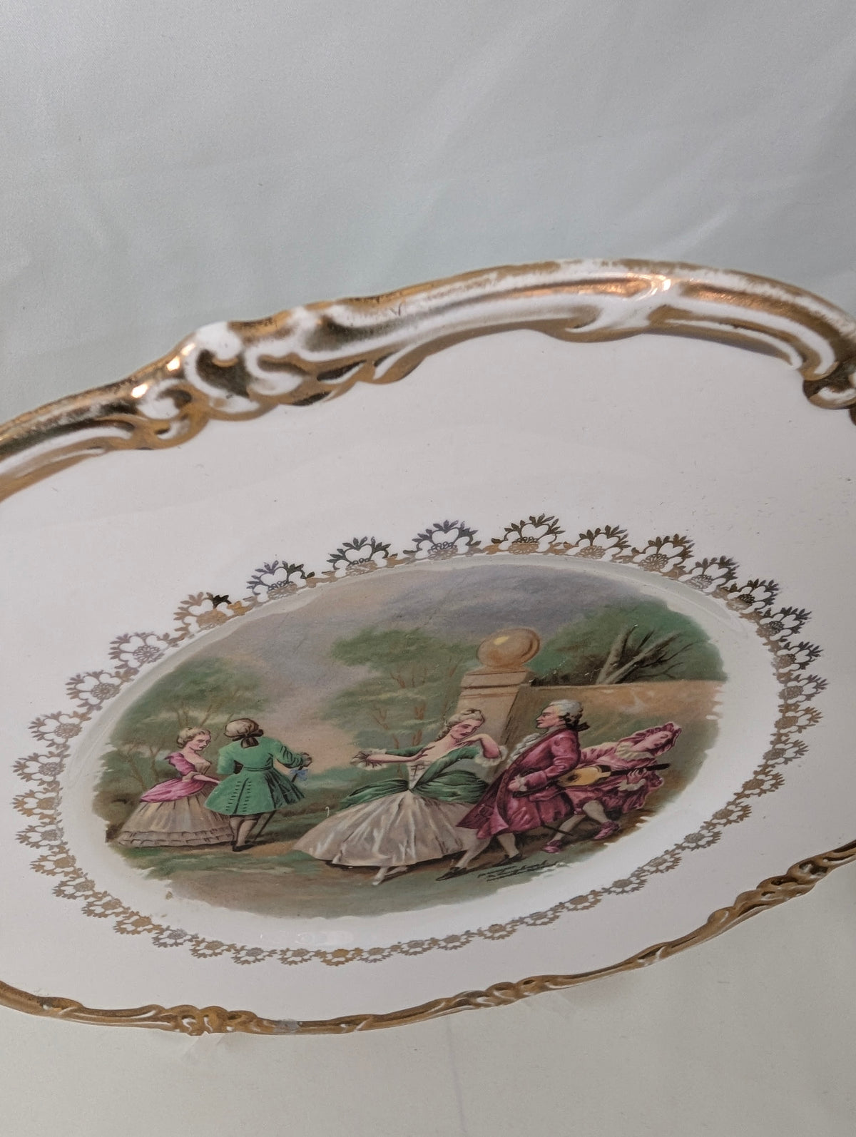 Pair Vintage Regency Bone China Courting Couple Plates Fragonard Rococo Gold Gilt Pierced Rim Cabinet Display Plates, Gilded French