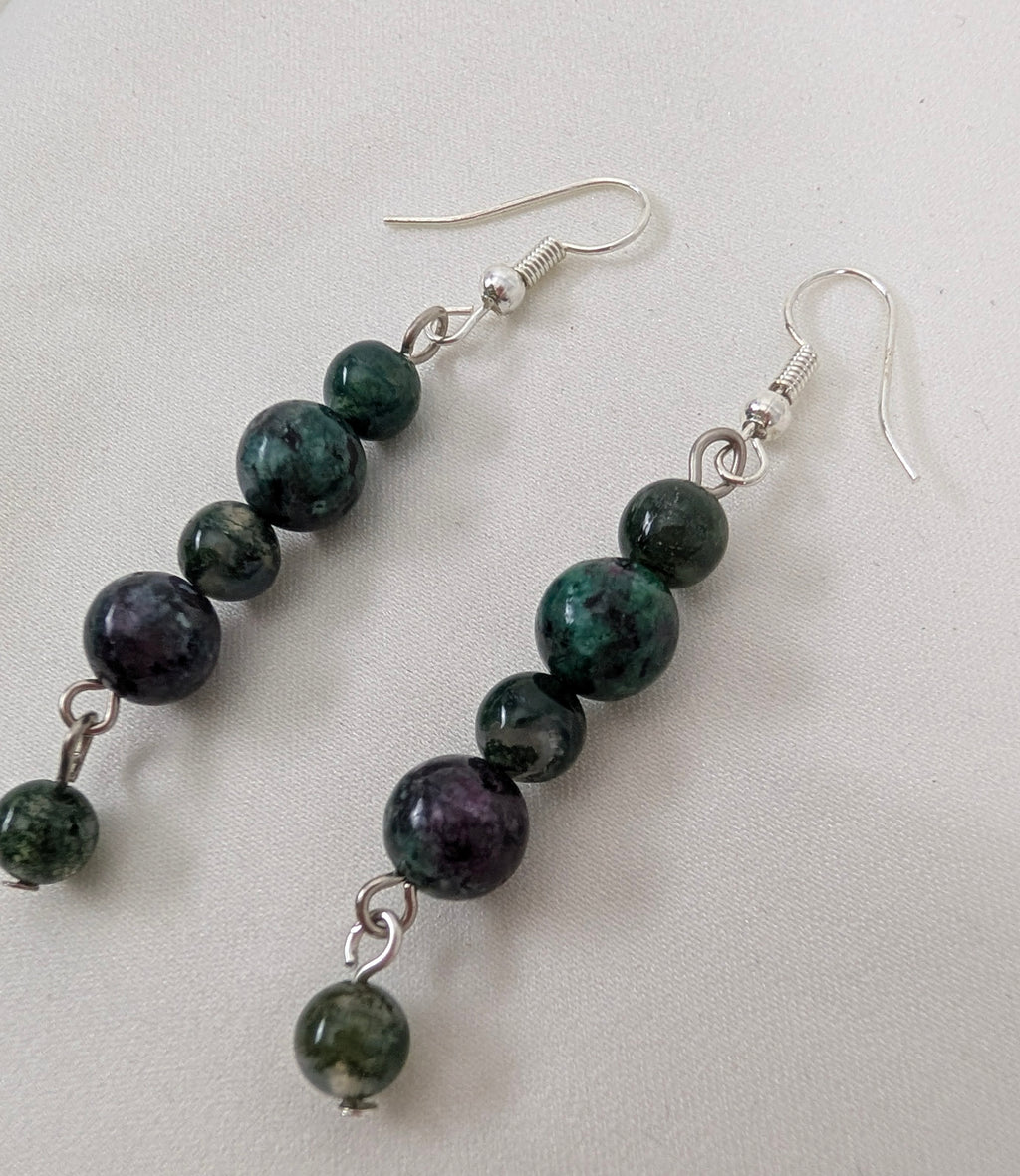 Ruby Zoisite Beaded Drop Earrings, Natural Green & Purple Gemstone Dangle Earrings, Handmade Long Bohemian Jewellery, Earthy Statement Gift