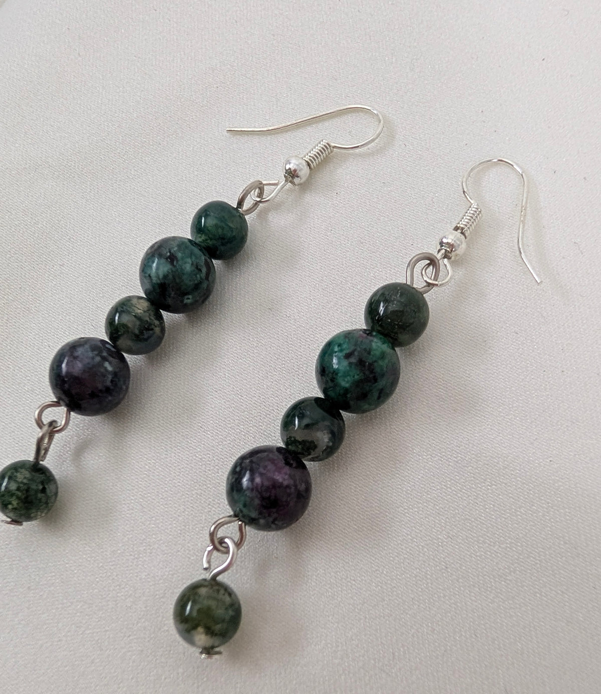 Ruby Zoisite Beaded Drop Earrings, Natural Green & Purple Gemstone Dangle Earrings, Handmade Long Bohemian Jewellery, Earthy Statement Gift