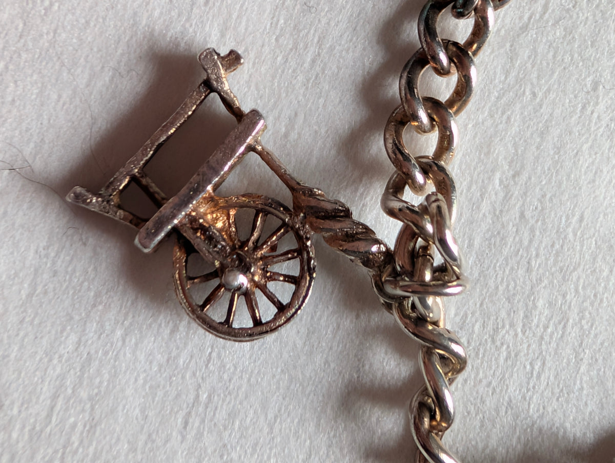 Vintage Sterling Silver Charm Bracelet Heart Padlock Clasp, 5 Silver Charms Elephant Rocking Chair Abacus Spinning Wheel Clogs, 925 Curb
