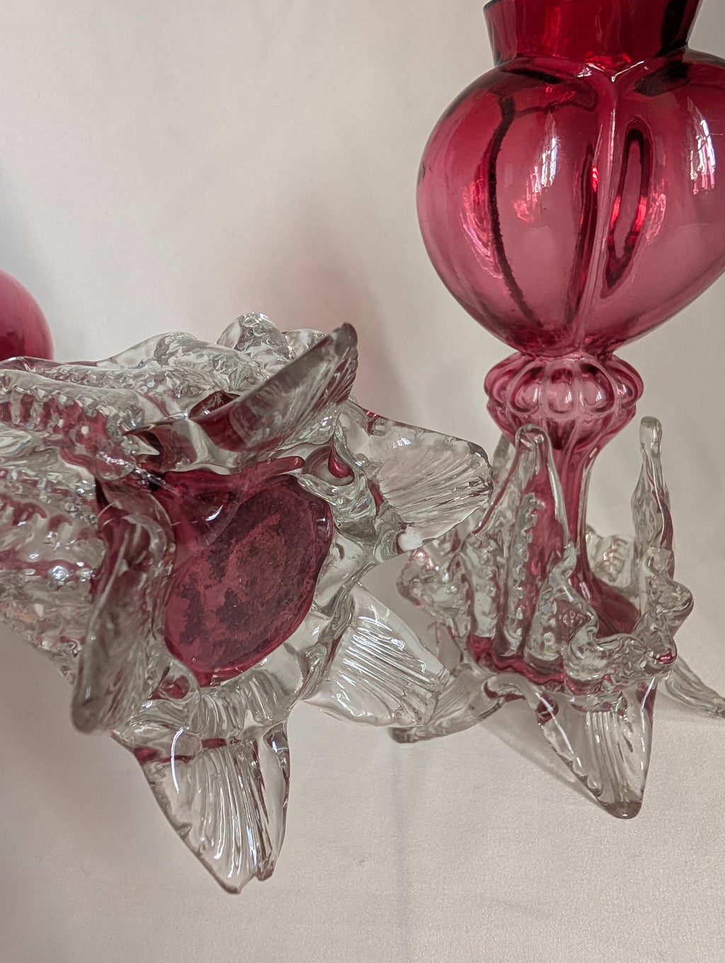 Pair of Antique Victorian Cranberry Glass Vases, c1900 Edwardian Hand Blown Art Glass Bud Vases, Clear Applied Rigaree Footed Decor